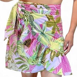 CUTU BY ROSALÍ Pink/Green Tropical Floral Ruffled Short Wrap Skirt {One Size}